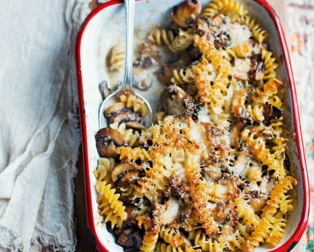 Pumpkin and brussels sprouts pasta bake