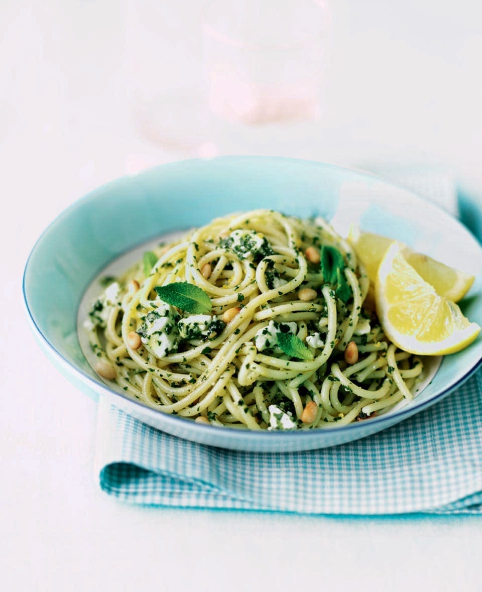 Spaghetti with mint and feta pesto recipe delicious. magazine