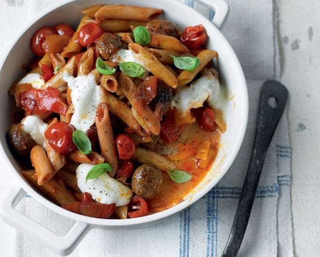 Roasted pepper and meatball pasta bake