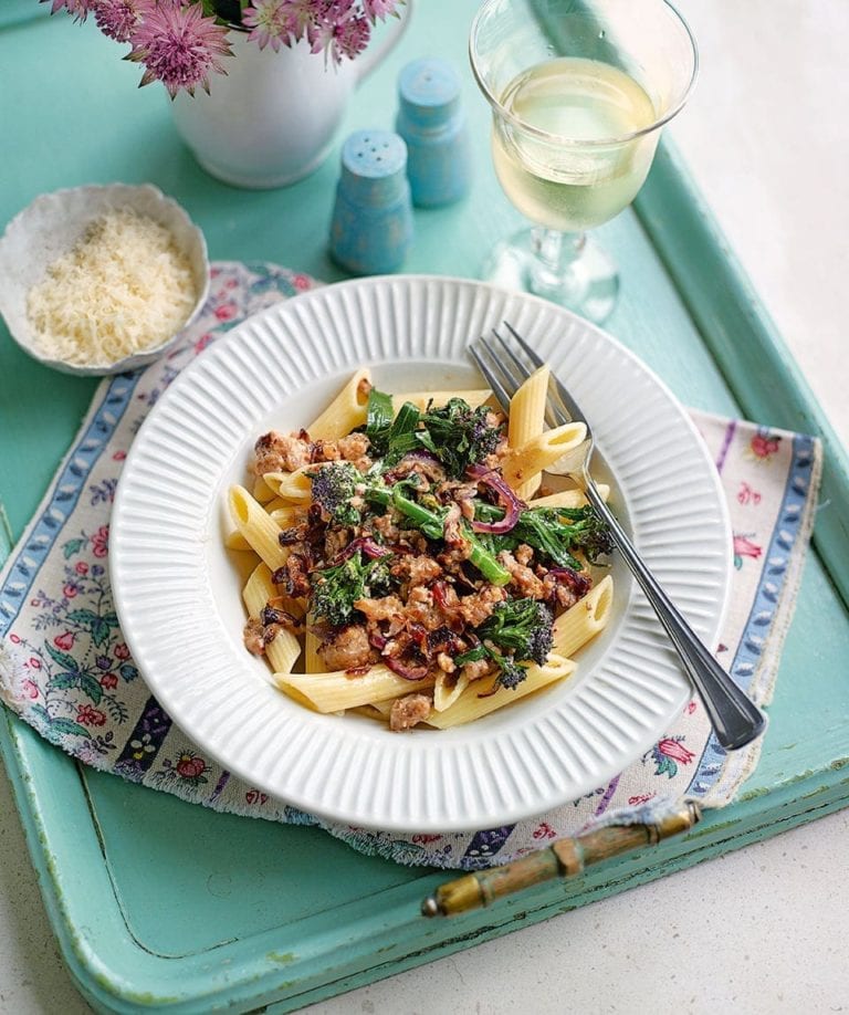 Sausage and purple sprouting broccoli penne