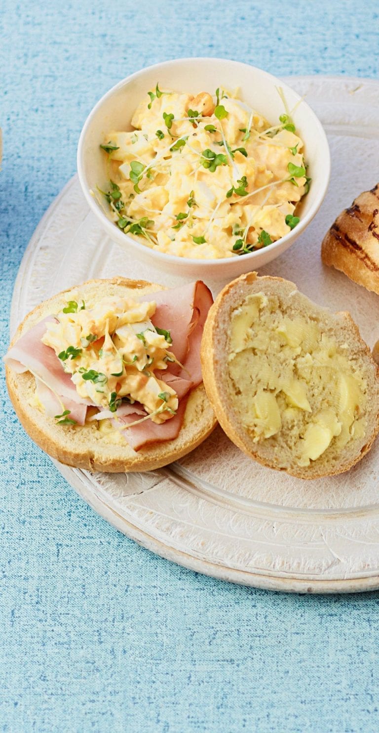 Egg mayonnaise sandwich with cress and ham