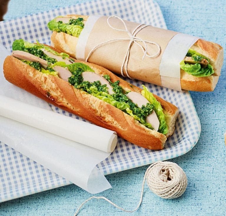 Smoked chicken, parsley pesto and crisp gem lettuce baguette