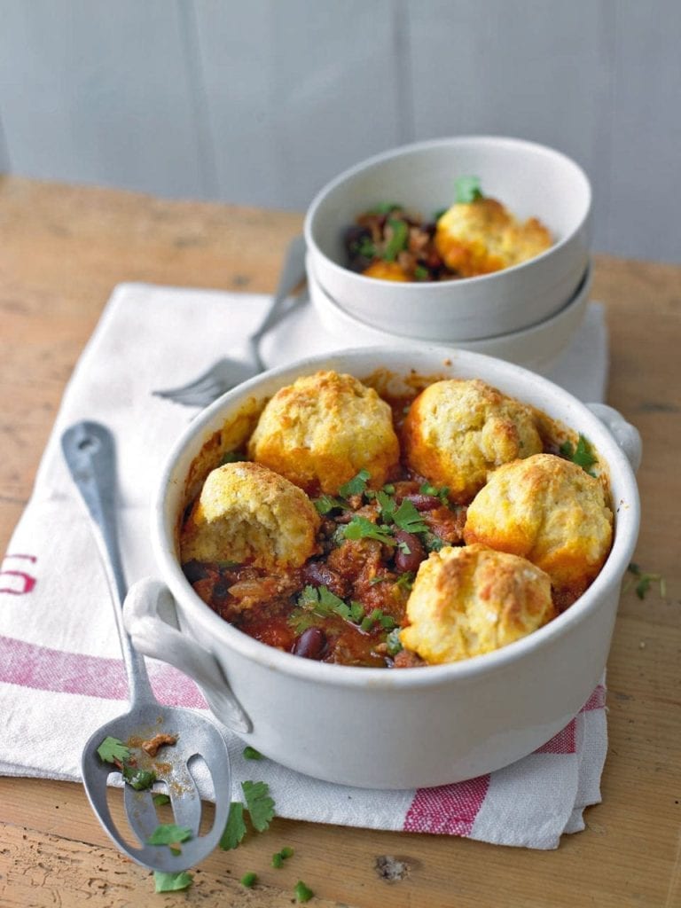 One-pot chilli with a polenta cobbler crust