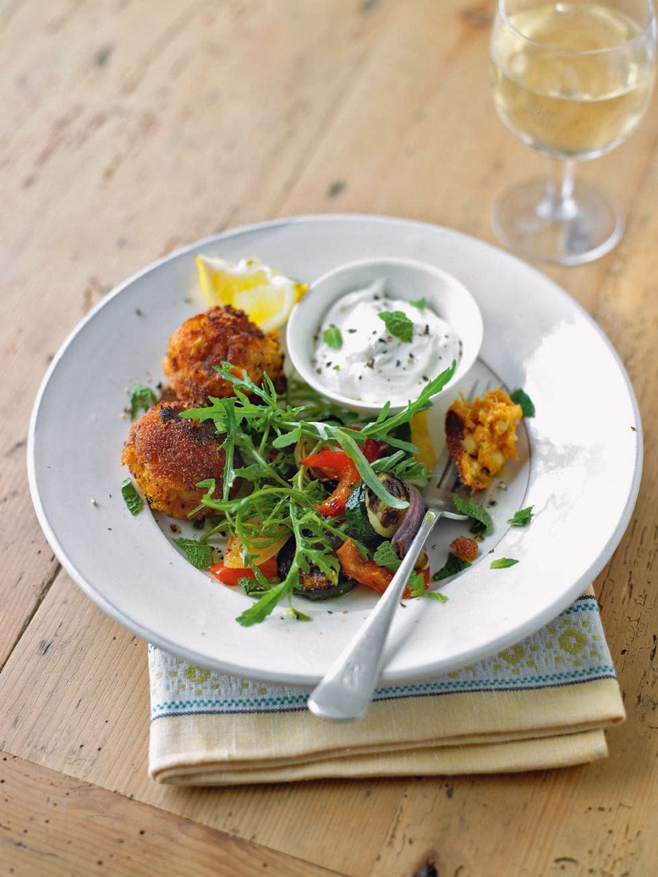 Sweet potato falafels with Med veg salad recipe | delicious. magazine