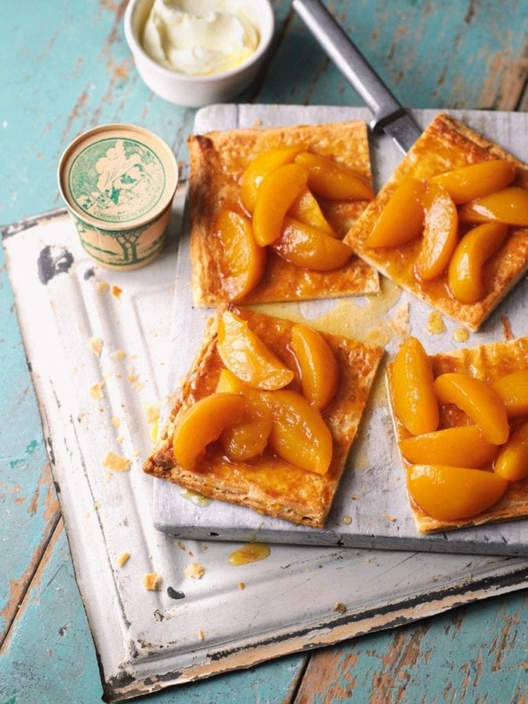 Roast peach and honey puff tart