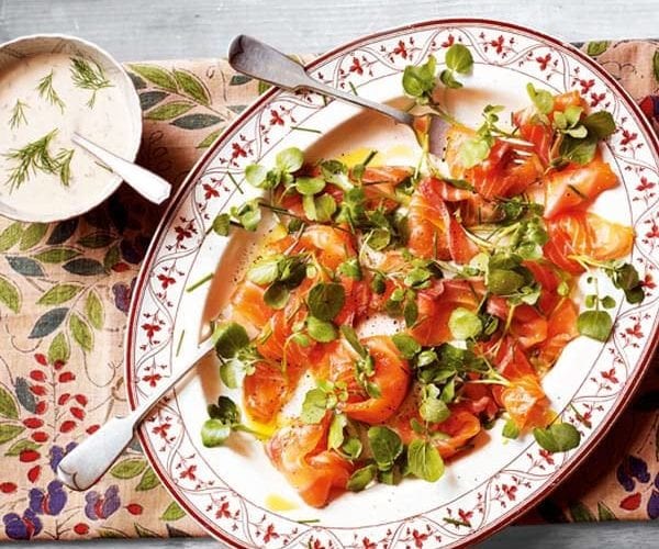 Cured wild salmon carpaccio with caramel jhalmuri, potato salad and pea chutney