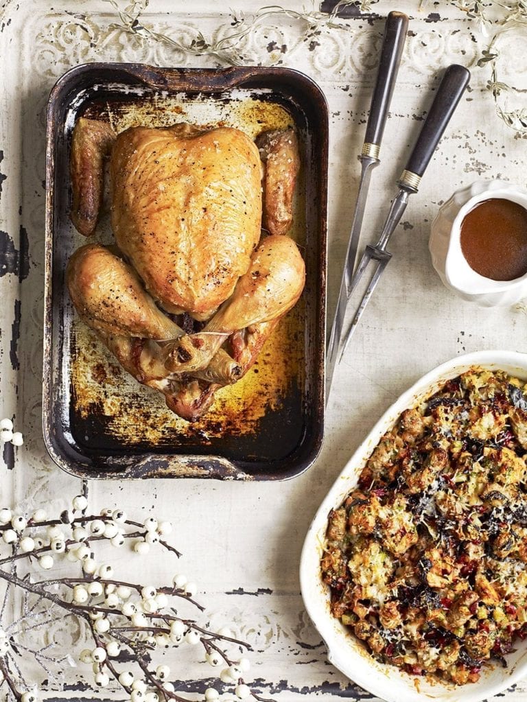 Roast chicken with sausage, chard and parmesan stuffing