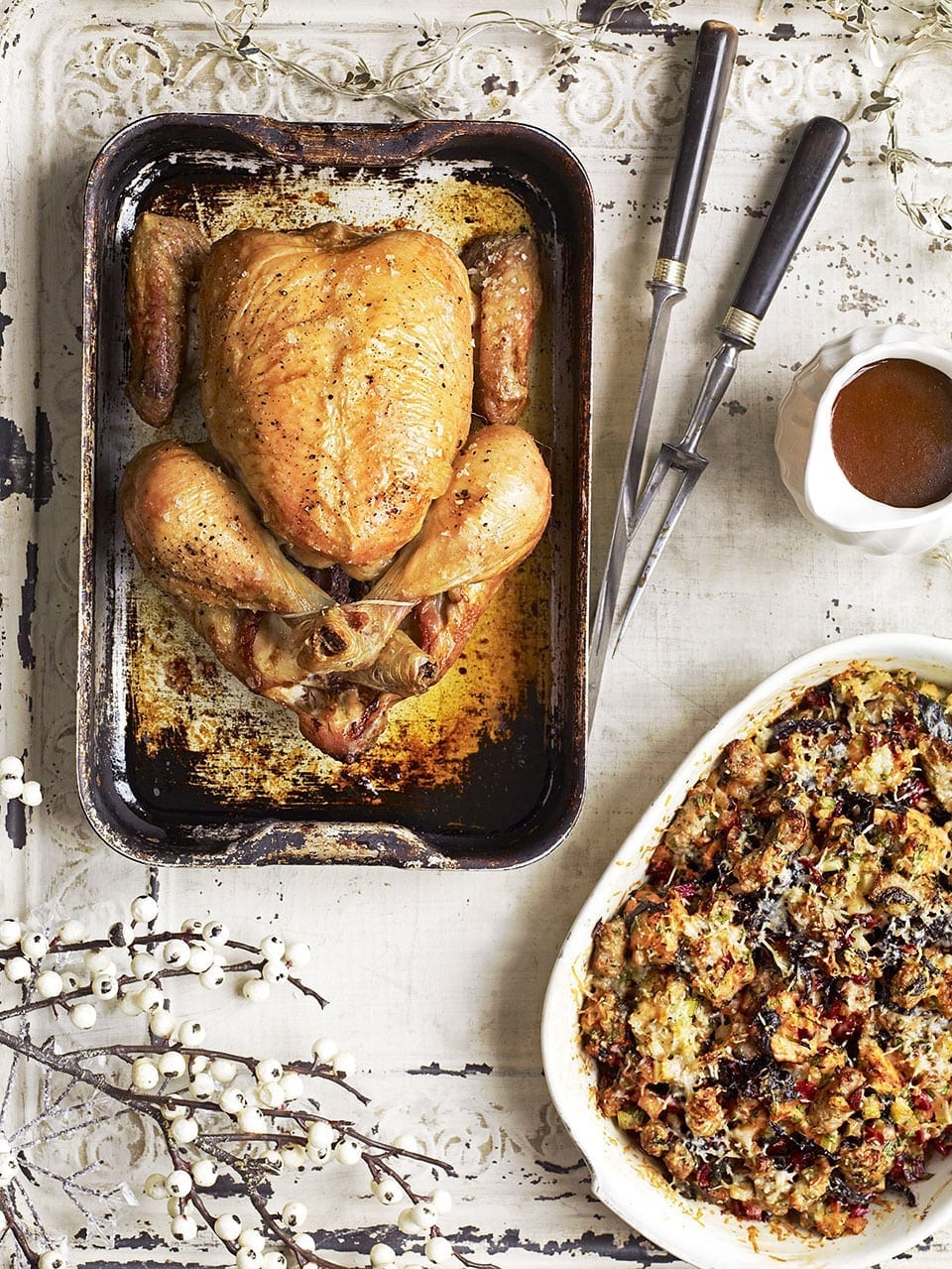 Roast chicken with sausage, chard and parmesan stuffing recipe