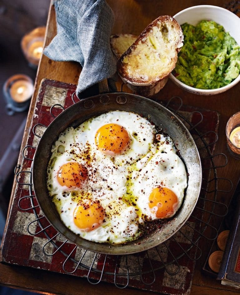 One-pan chilli eggs with guacamole