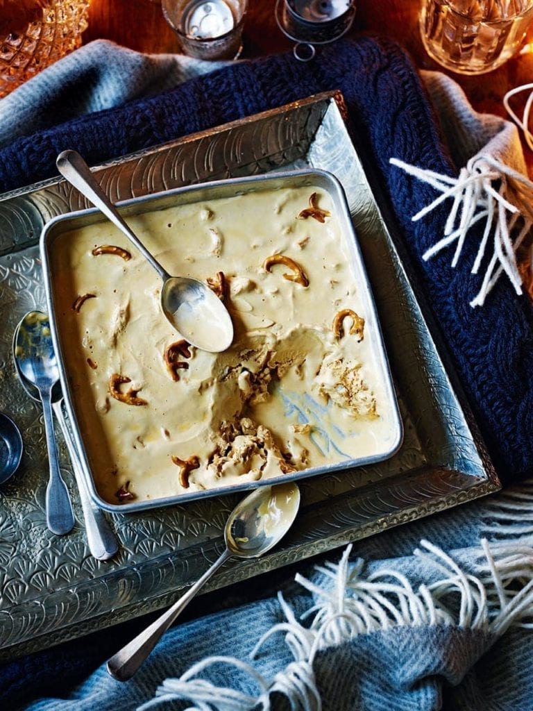 Salted pretzel and caramel no-churn ice cream