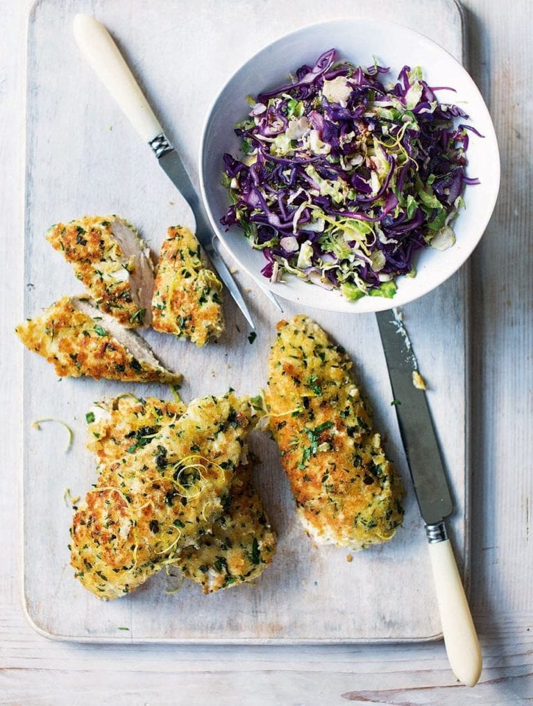 Breaded chicken with stir-fried cabbage and sprouts
