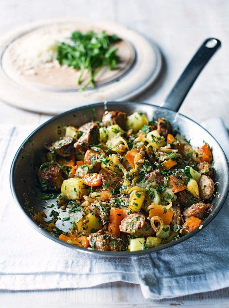 Sausage, carrot and cumin hash