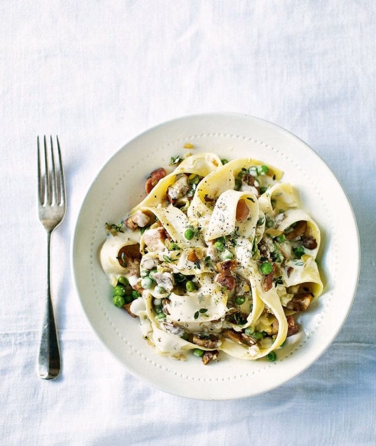 Crispy pancetta, thyme and chestnut pappardelle