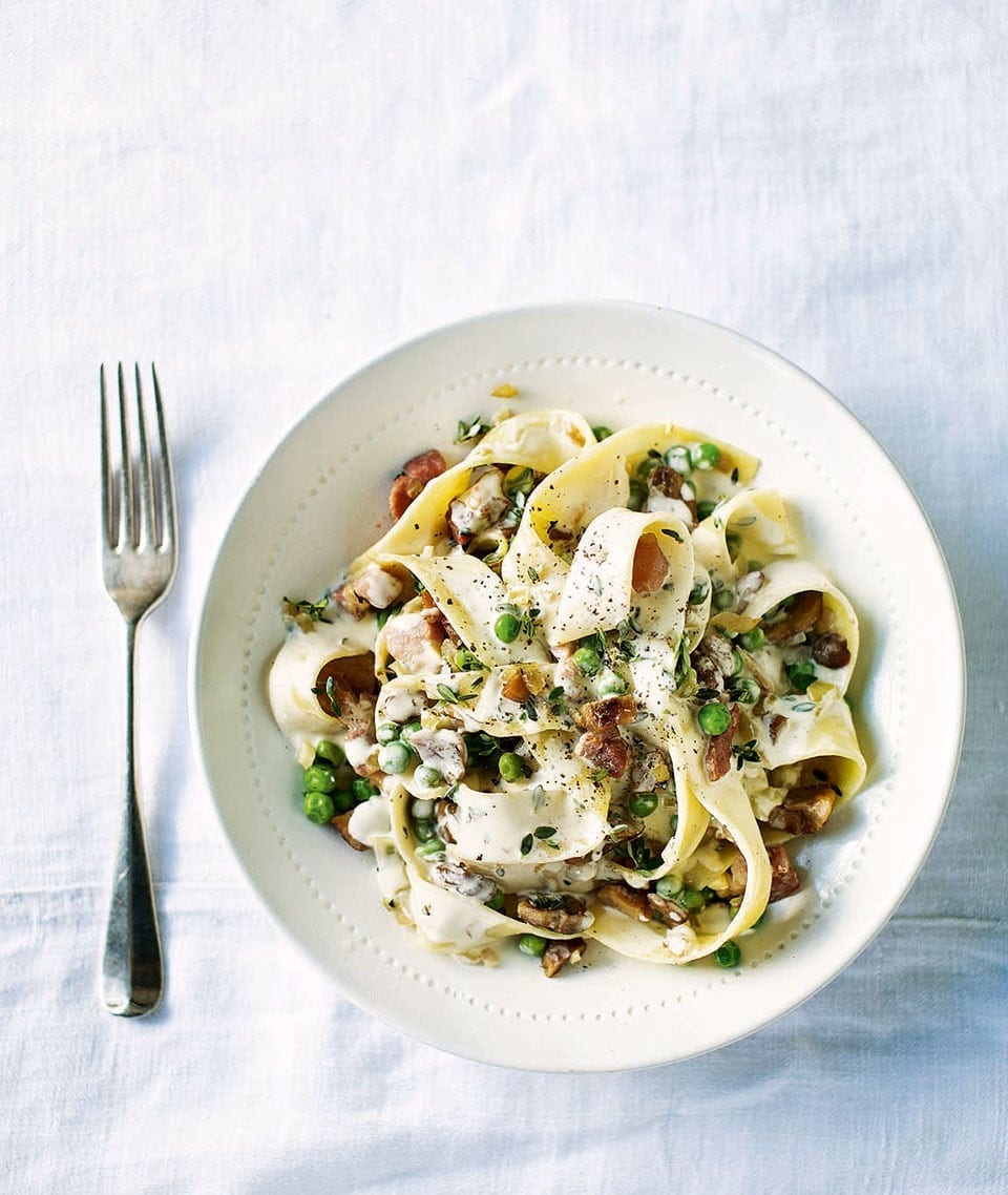 Crispy pancetta, thyme and chestnut pappardelle recipe delicious
