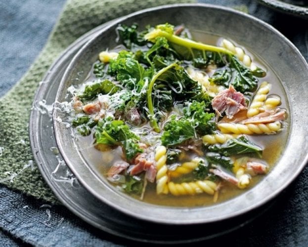Shredded ham, kale and pasta soup
