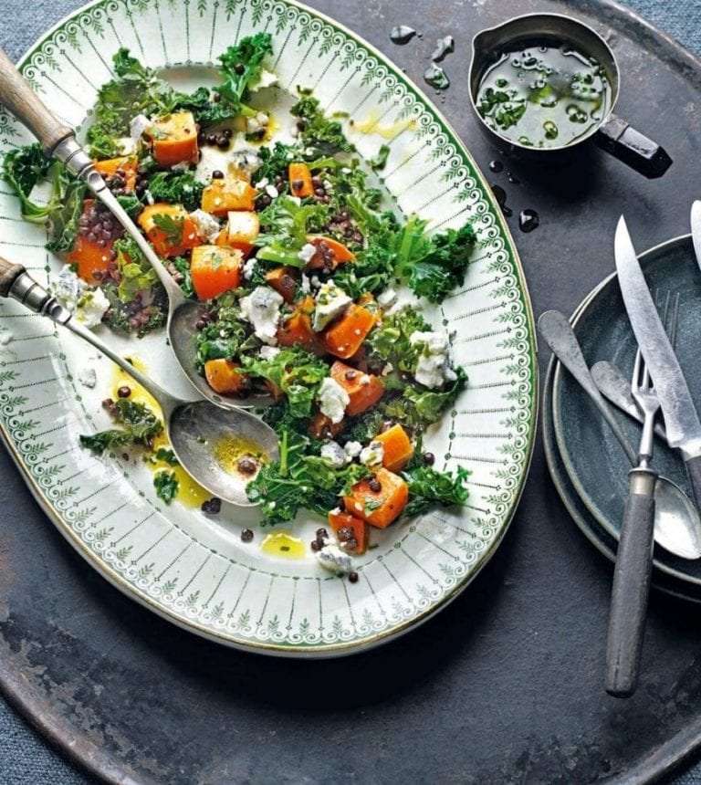 Warm salad of roast squash, kale and goat’s cheese with lentils