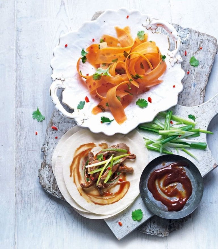 Duck pancakes with pickled carrot salad