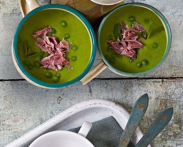 Ham and pea soup in bowls
