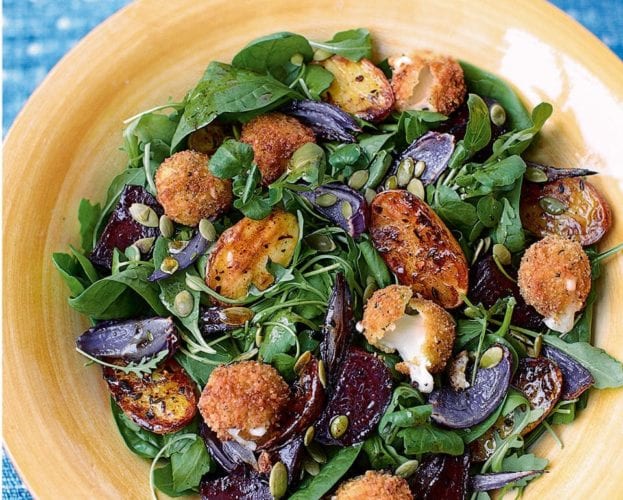 Warm potato salad with green tahini and herb dressing