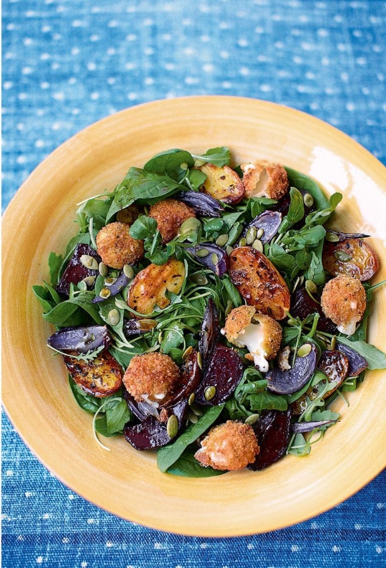 Breaded mozzarella, beetroot and potato salad