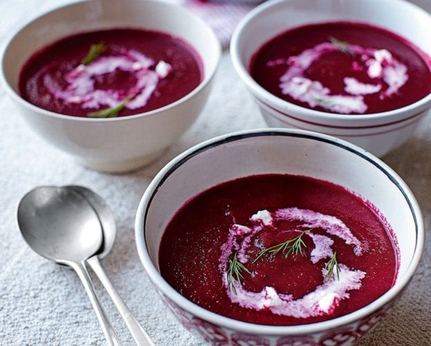 Beetroot and apple borsch with soured cream and feta