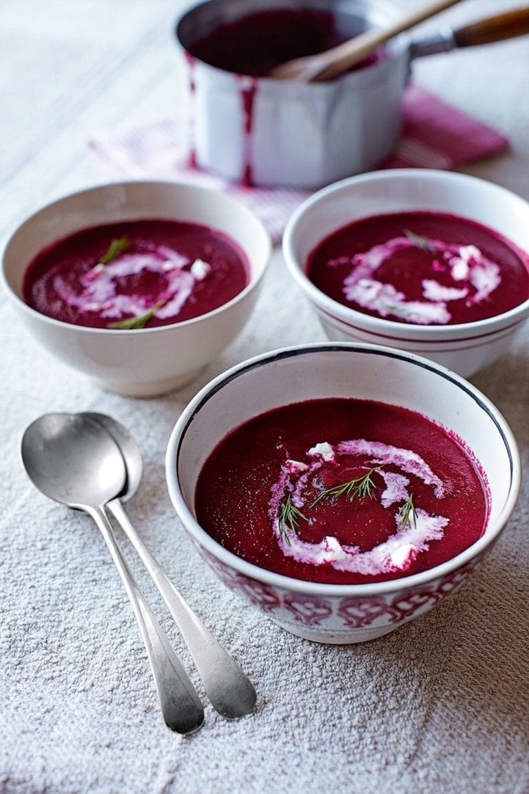 Beetroot and apple borsch with soured cream and feta