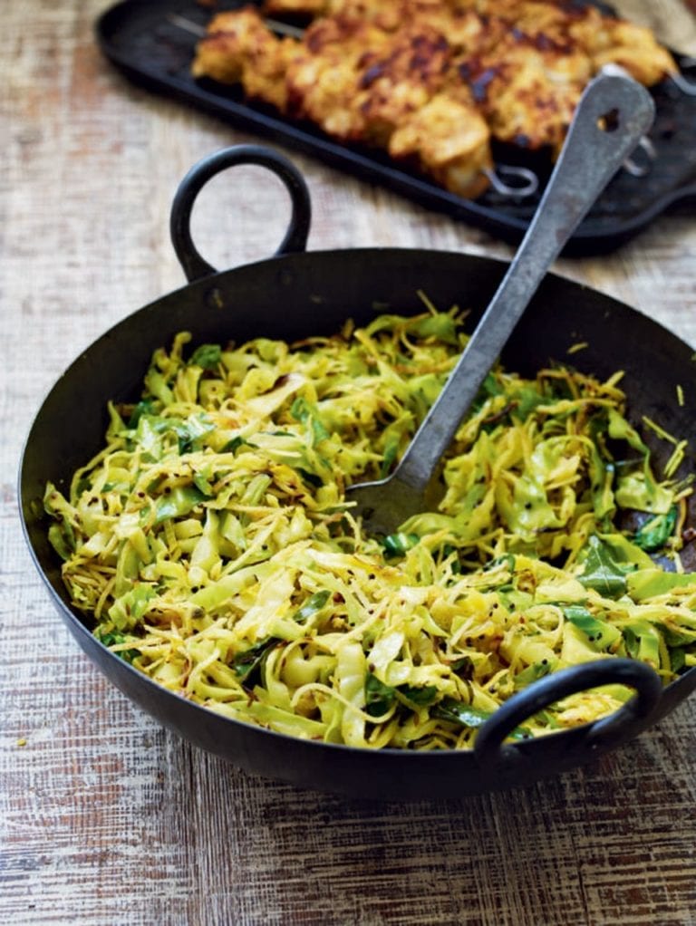 Keralan stir-fried cabbage with spiced chicken kebabs