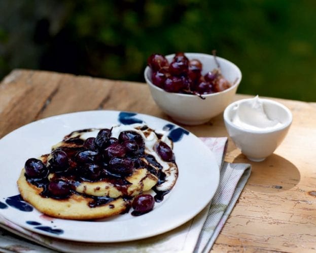 Ricotta pancakes with roast grapes and pomegranate molasses