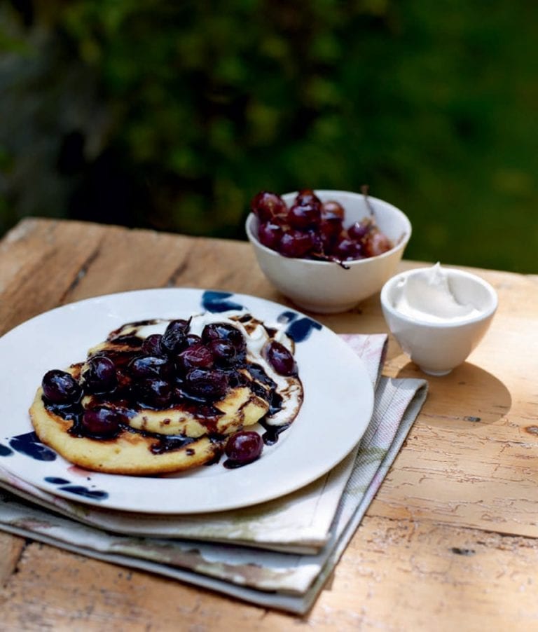 Ricotta pancakes with roast grapes and pomegranate molasses