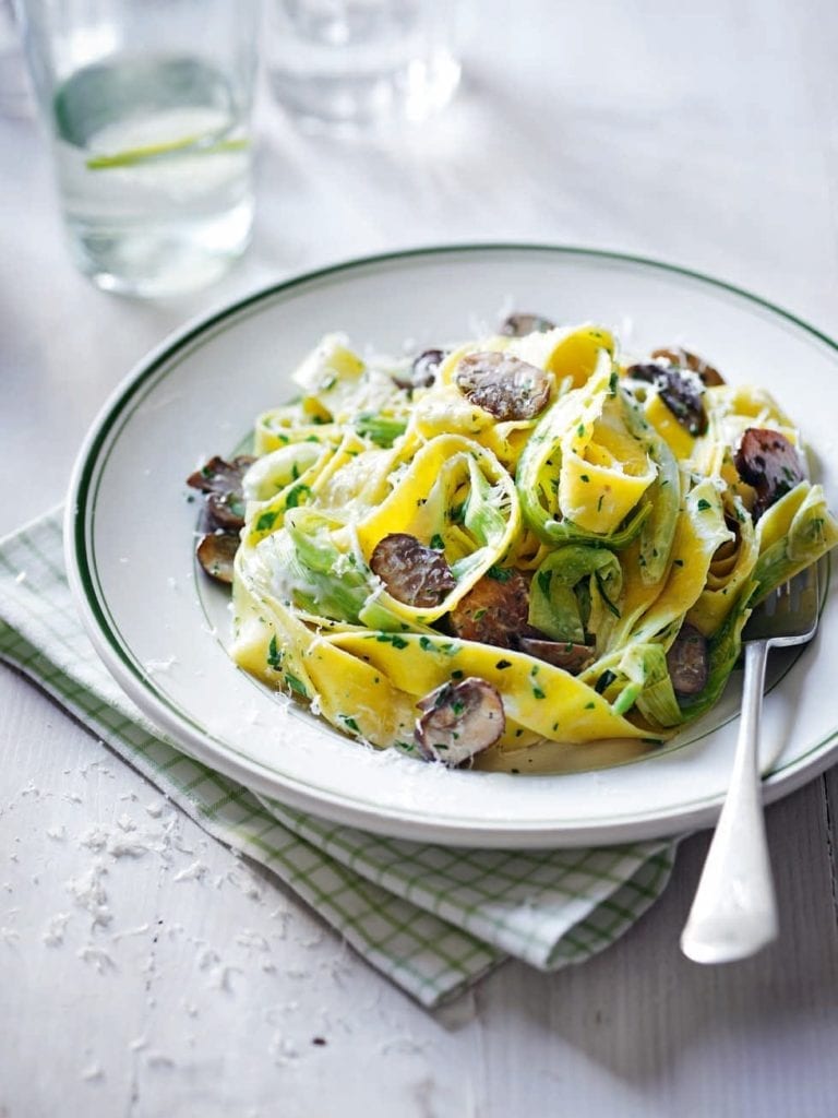 Leek and mushroom tagliatelle