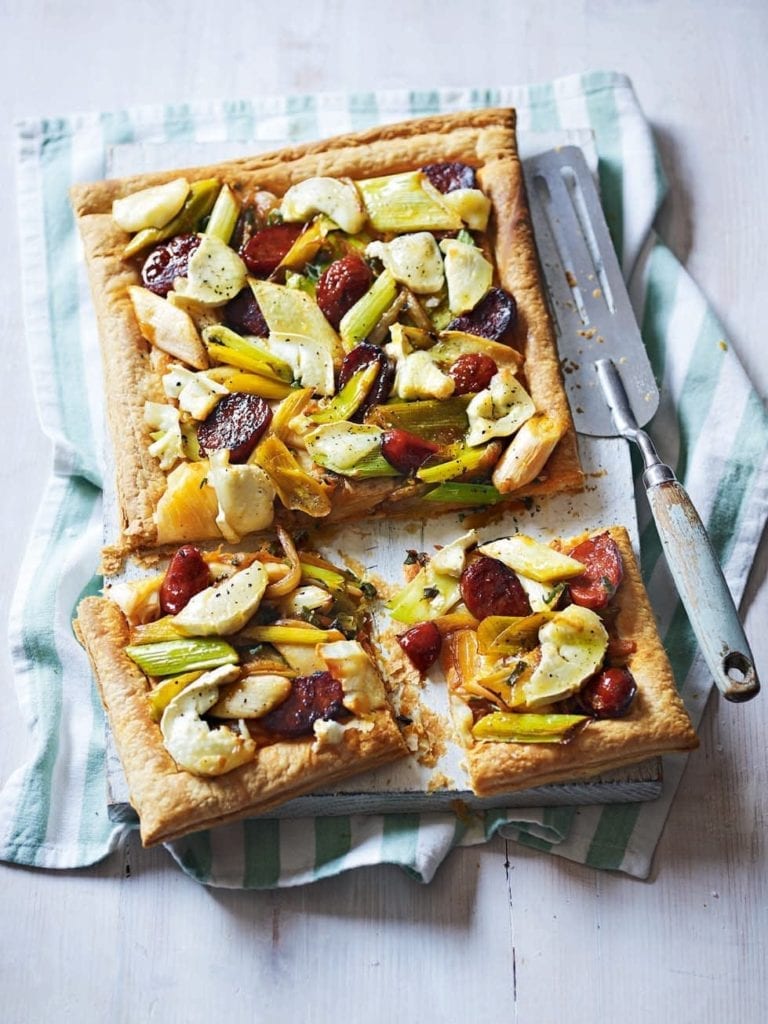 Leek and chorizo puff pastry tart