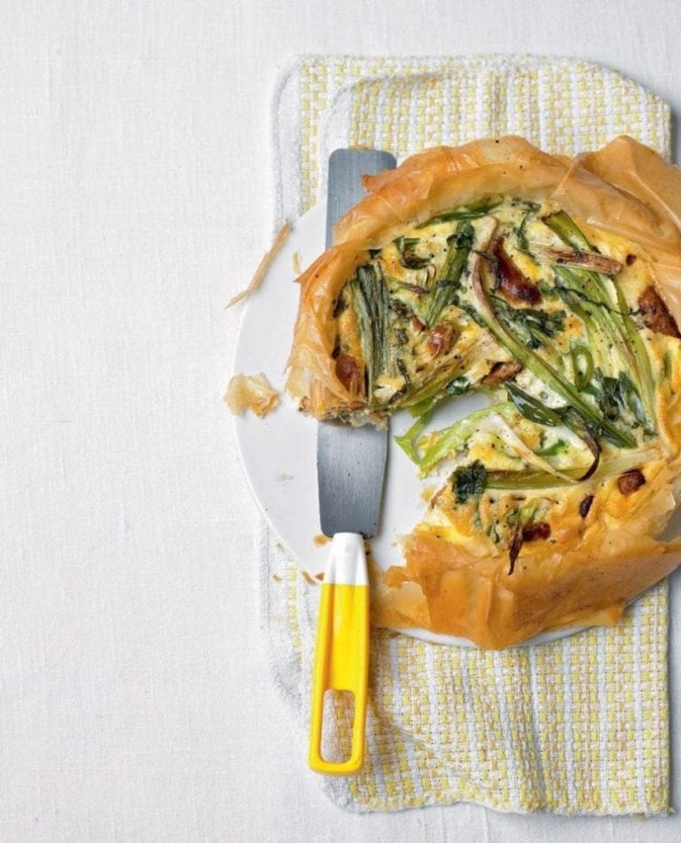 Leek, spring onion and chorizo tart