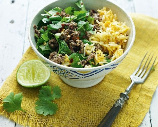 Thai beef laab (larb) with egg-fried rice