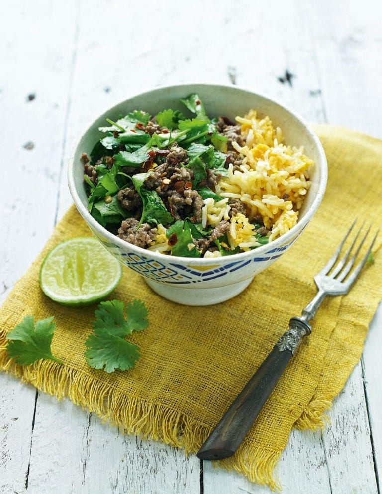 Thai beef laab (larb) with egg-fried rice