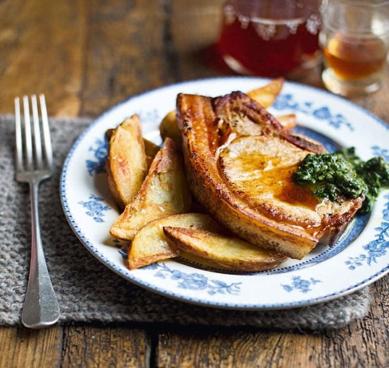 Pork chops with salsa verde and chunky wedges