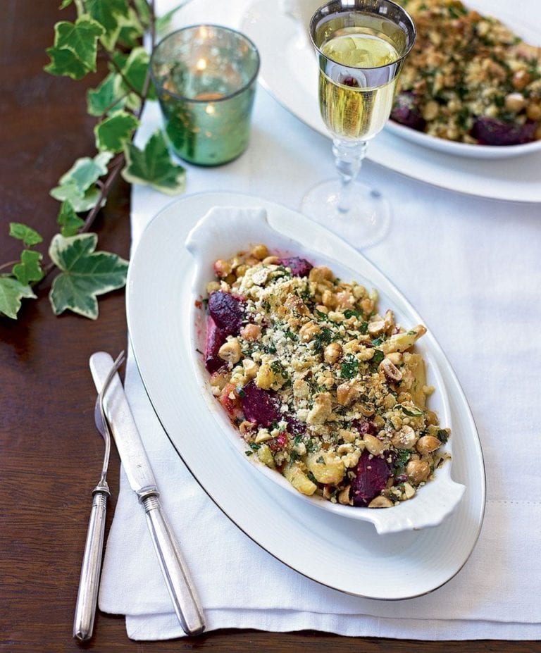 Creamy root vegetable and chickpea crumble