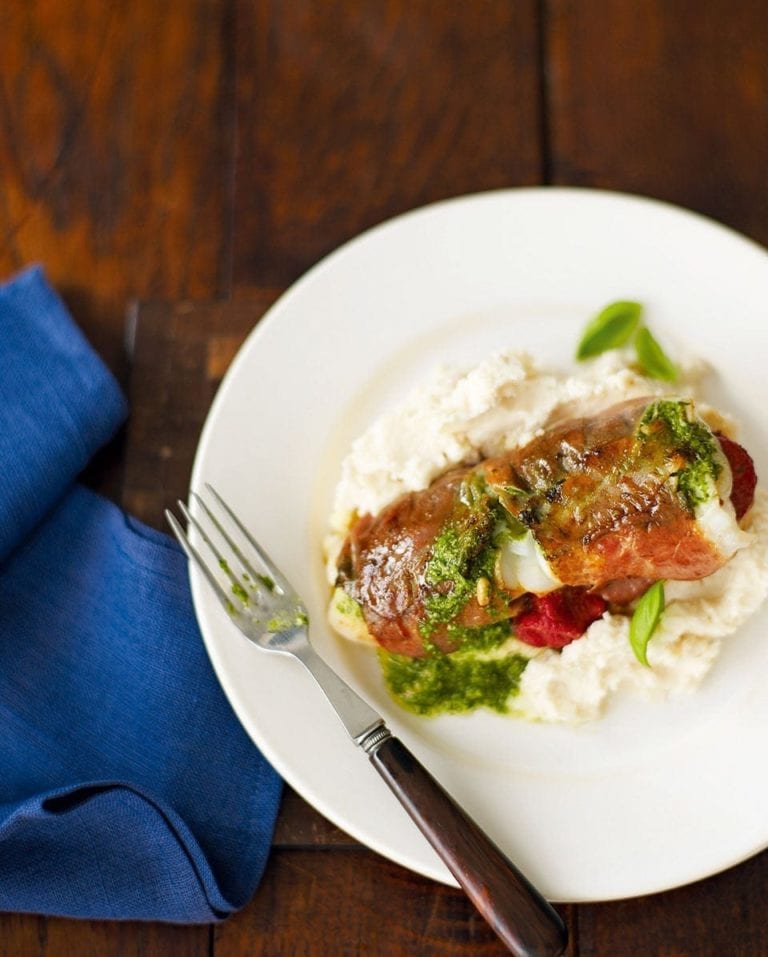 Quick prosciutto haddock with butter bean mash