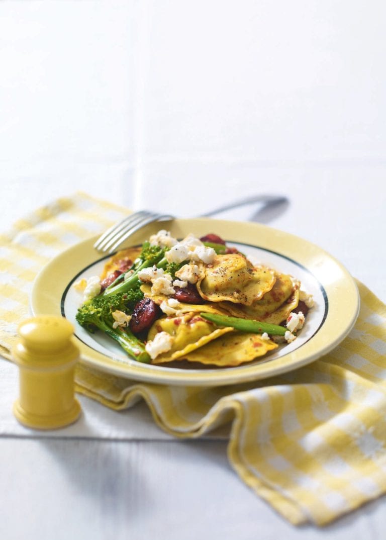 Ravioli with rose harissa, chorizo and summer veg