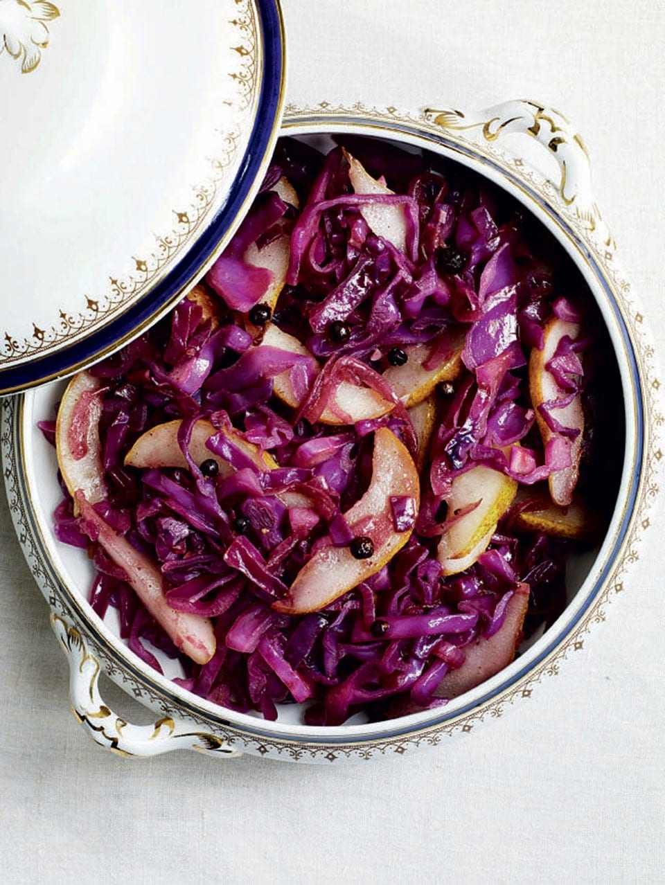 image of Stir-Fried Red Cabbage With Juniper and Pears recipe by Delicious Magazine