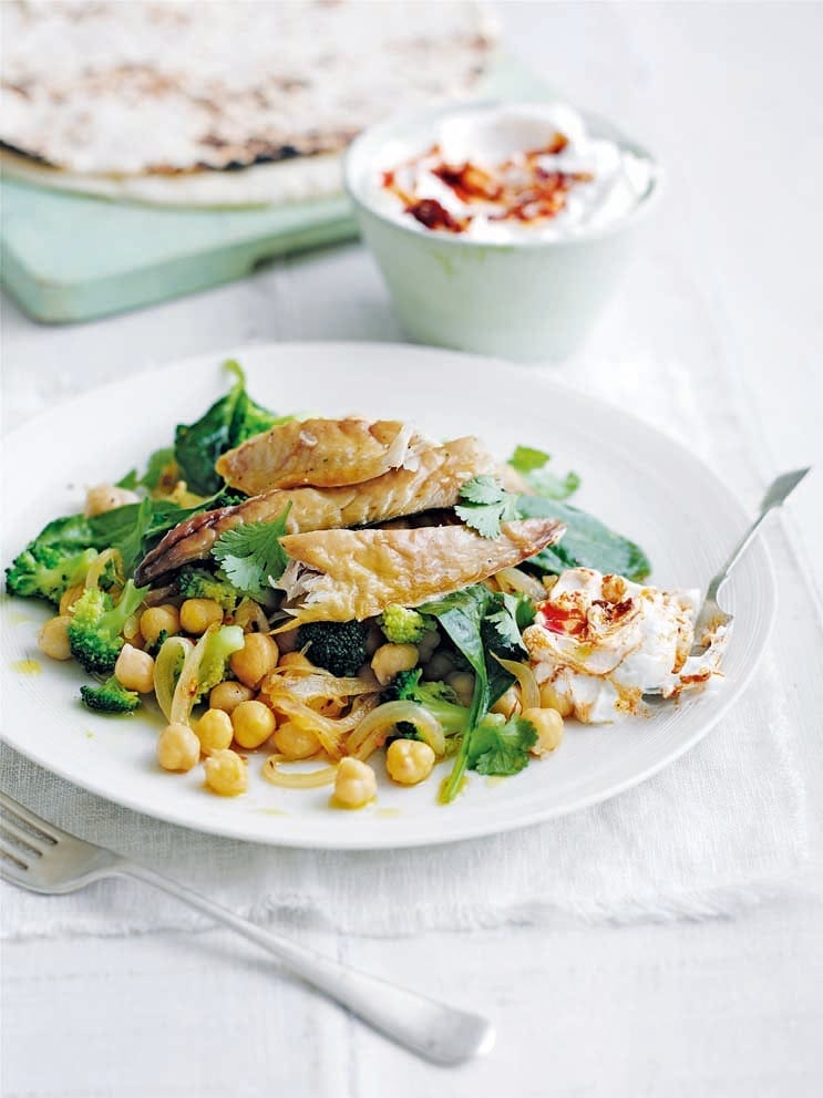 Smoked mackerel with warm chickpea salad and harissa dip