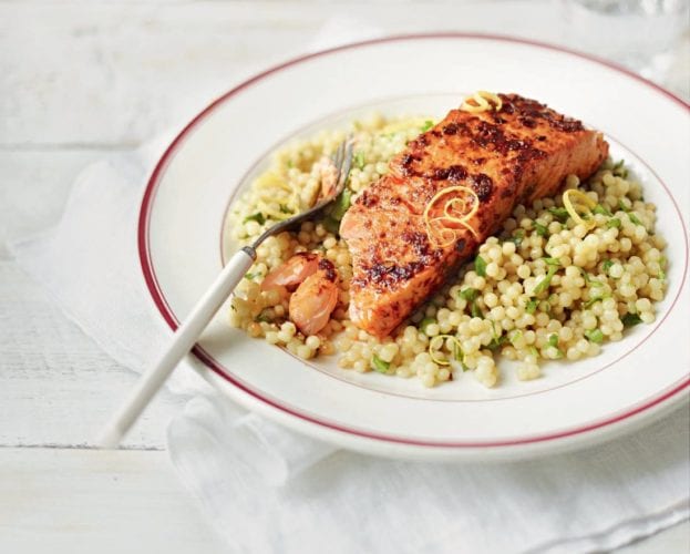 Harissa salmon with green lentils and roast cherry tomatoes
