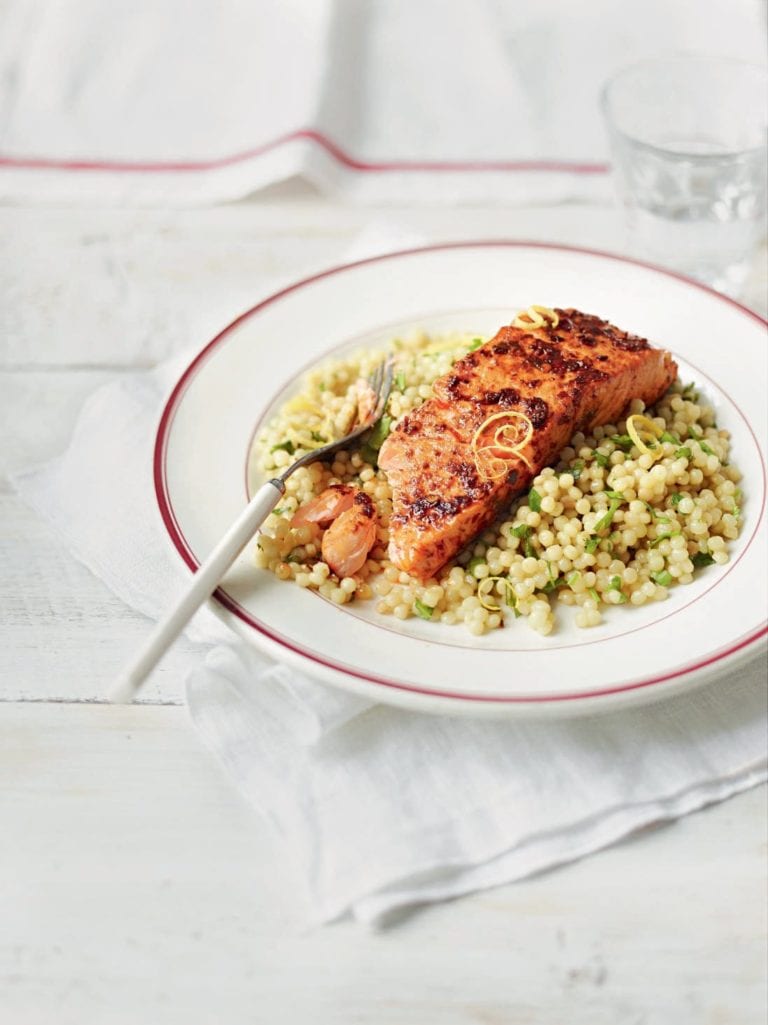 Quick harissa salmon with giant couscous