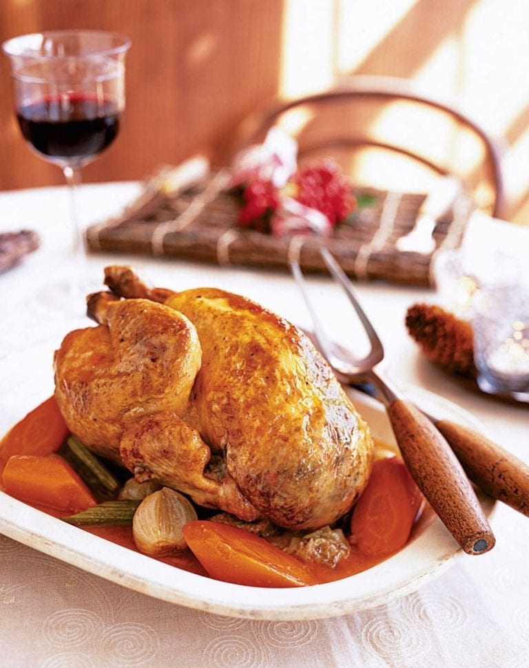 Pot-roast guinea fowl with pistachio stuffing