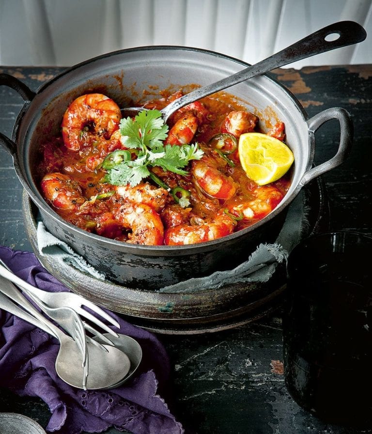 Smoky prawns with tomato and coriander