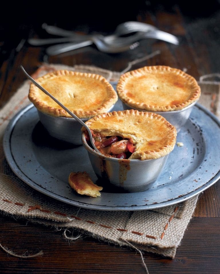 Smoky chicken and bean pot pies with a cornmeal crust