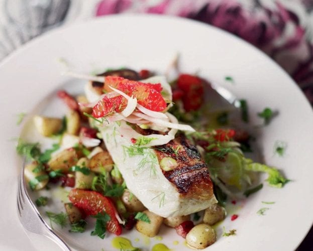 Halibut with pancetta, potatoes and blood orange salad