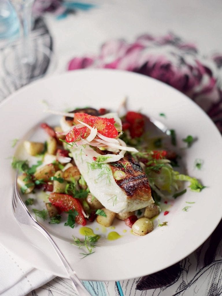 Halibut with pancetta, potatoes and blood orange salad