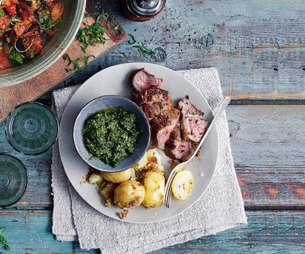 Herb-crusted lamb with a gratin of leeks and brussels sprouts
