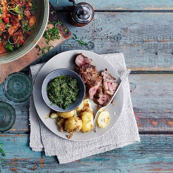 Pan-fried lamb with crushed potatoes and salsa verde