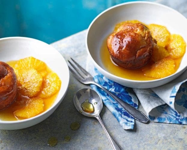 Orange and ginger rum babas with caramelised oranges and ginger